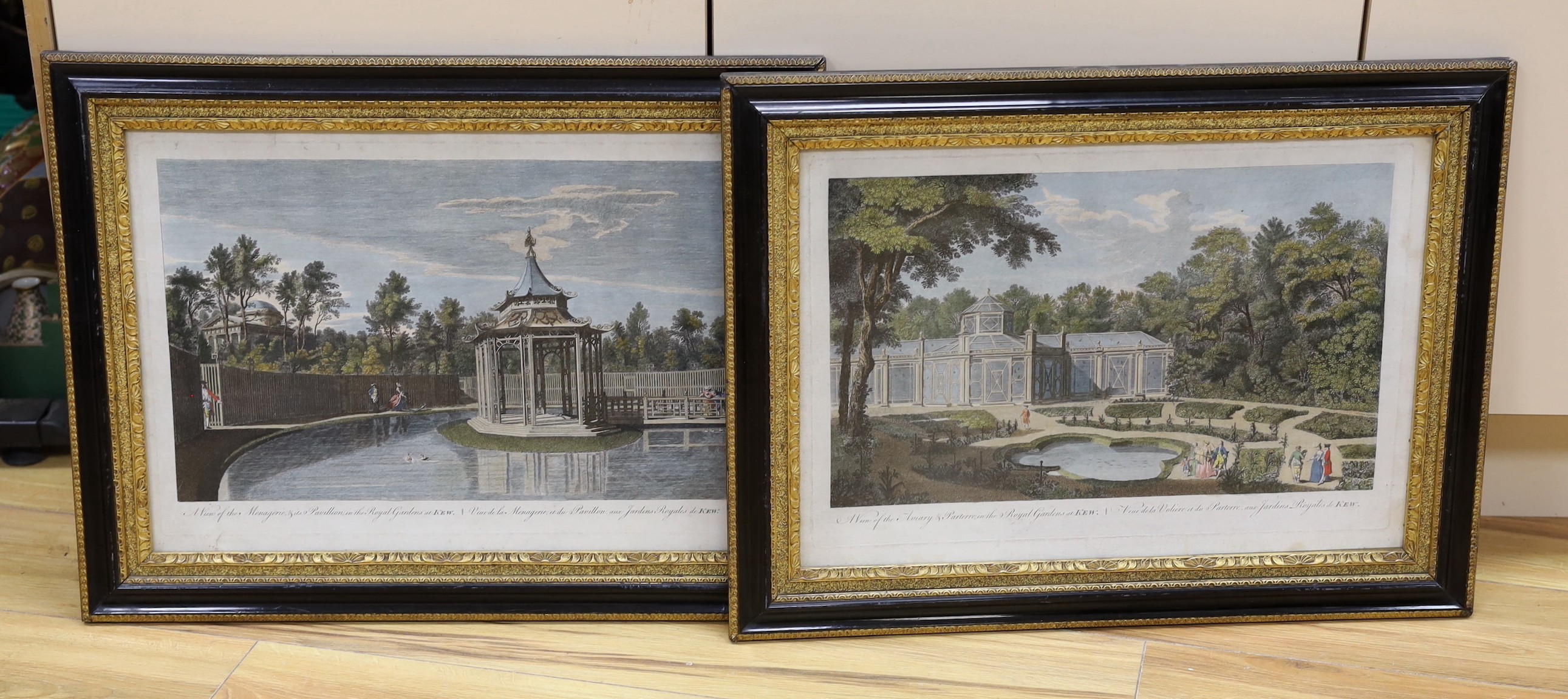 After Charles Grignion (1721-1810), two hand coloured engravings, A View of The Aviary and Parterre in the Royal Gardens at Kew and View of the Menagerie and it's Pavilion in The Royal Gardens at Kew, overall 34 x 49cm